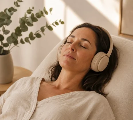 Woman relaxing with headphones during a quantum biofeedback session